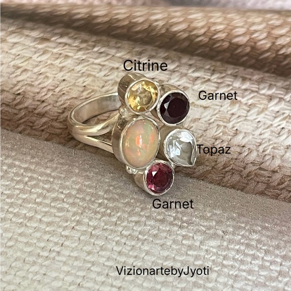 925 silver and natural Opal multi gemstone ring Adjustable Ring!! OS “VIBES” - Picture 4 of 16